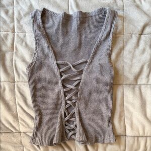 Sleeveless Gray Ribbed Lace-Up Knit Tank